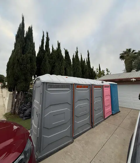 Long row of porta potties set up for a large event